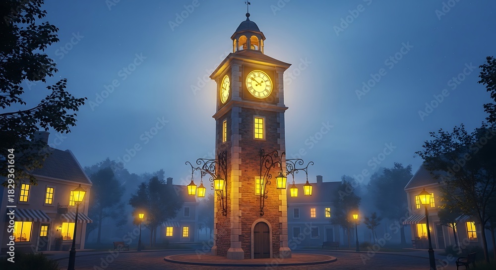 Fototapeta premium Nighttime Clock Tower Illuminated with Warm Lights in a Town Square.