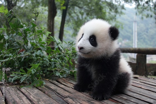 Adorable baby panda sits on a wooden deck, gazing towards the side, surrounded by foliage