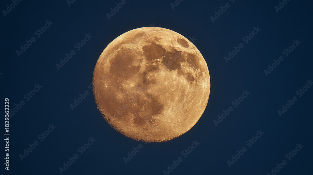 Fototapeta premium A detailed view of a full moon with visible craters against a dark blue night sky