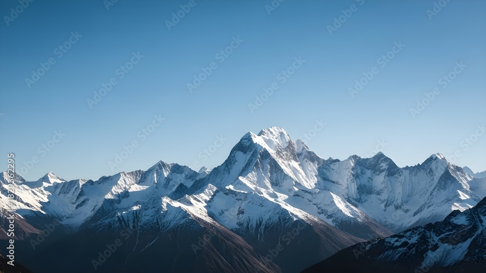 Fototapeta premium Breathtaking panoramic view of majestic snow-capped mountains under a clear blue sky, showcasing the vastness and serenity of a pristine winter landscape with rugged peaks and deep valleys
