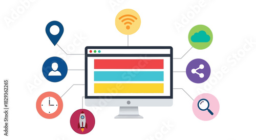 Digital connectivity concepts with icons surrounding a computer monitor display