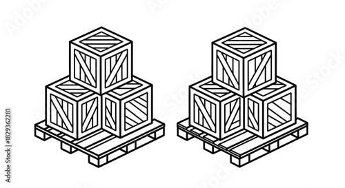 Stacked wooden crates on palettes line art illustration shipping and storage