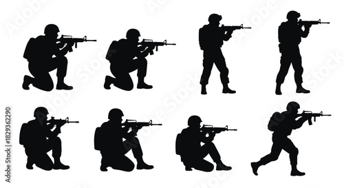 Silhouette depictions of armed soldiers in various combat positions