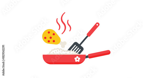 A simple illustration of fried chicken and cooking utensils on a pan