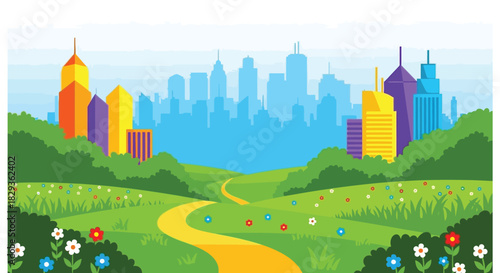 A vibrant cartoon cityscape with a winding path through green fields
