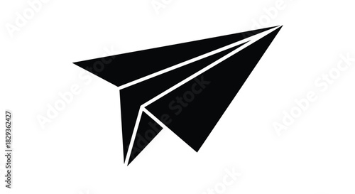 A simple black and white illustration of a classic folded paper airplane