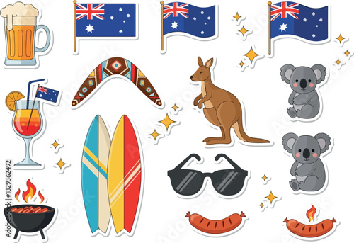 Australian Adventure Icons of Down Under - Koalas, Kangaroos, Surfboards & More