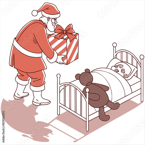 Santa Claus leaving a gift for a sleeping child vector illustration. Christmas Eve scene with Santa and a teddy bear present