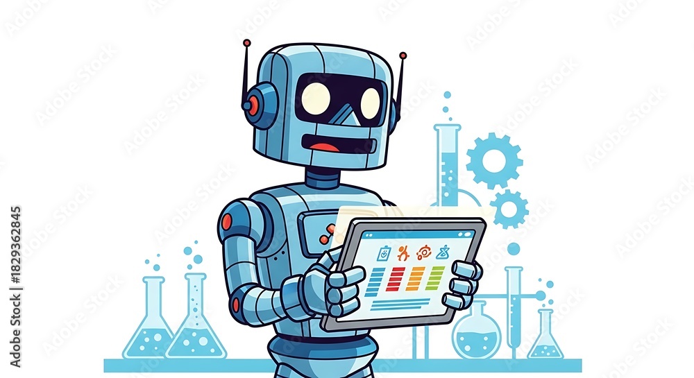 Naklejka premium Robot Scientist Analyzing Data on Tablet in Laboratory Setting.