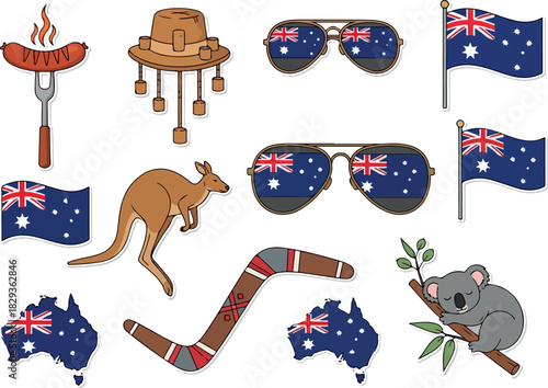 Australia Icons Set Australian Symbols and Landmarks Illustration