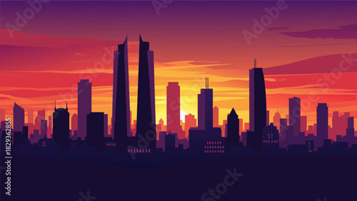 A vibrant sunset over a modern city skyline with skyscraper silhouettes, a beautiful urban landscape vector illustration background design 66.eps