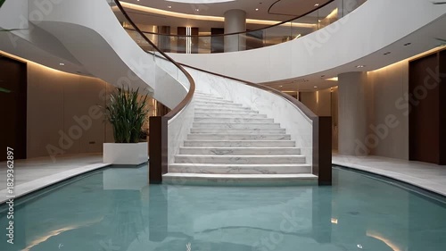 Luxurious Modern Interior With A Grand Spiral Staircase And Reflecting Pool Featuring Lush Green Plants