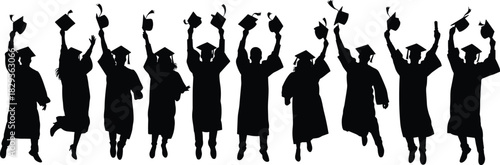 Graduation celebration silhouette, students jumping, caps flying, academic success, joyful moment, black white vector, cad drawing flat vector illustration