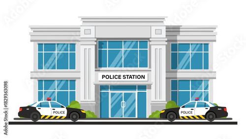 Modern police station building exterior with two patrol cars parked in front, illustrating law enforcement, public safety, and community services. Architectural vector graphic