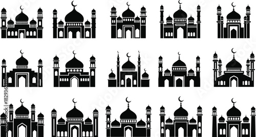Mosque silhouette icon collection, Islamic architecture symbols, domes and minarets grid, black white vector set, cad drawing flat vector illustration
