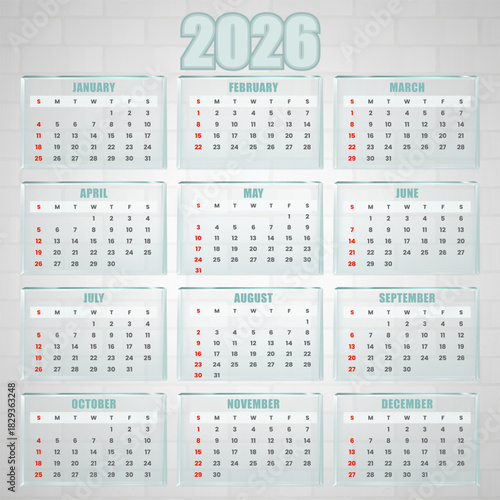 Simple Contemporary 2026 Calendar with Glass Effect
