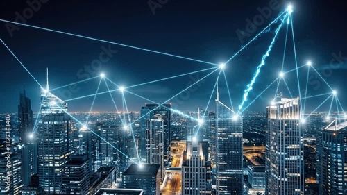 A futuristic city connected by an advanced digital network in the night sky