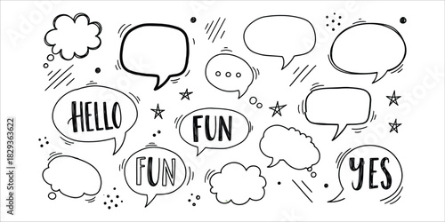 Hand drawn speech bubbles with words and doodle elements collection
