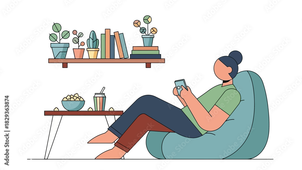 Obraz premium Relaxing at home with phone and snacks, enjoying downtime in cozy chair, perfect for illustrating modern lifestyle and leisure activities, originally a scalable vector graphic