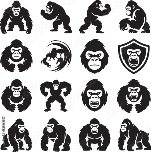 Collection of Black Gorilla Silhouettes Vector Illustration Set for Design Projects