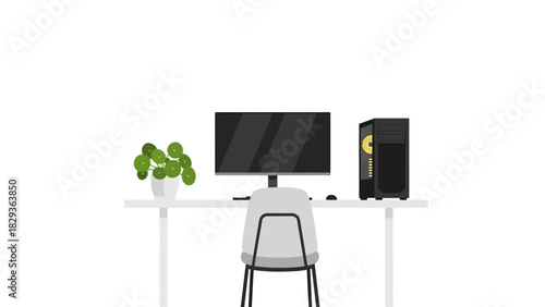 Modern workspace setup with computer, plant, and chair creating a minimalist and productive atmosphere perfect for contemporary business and creative projects