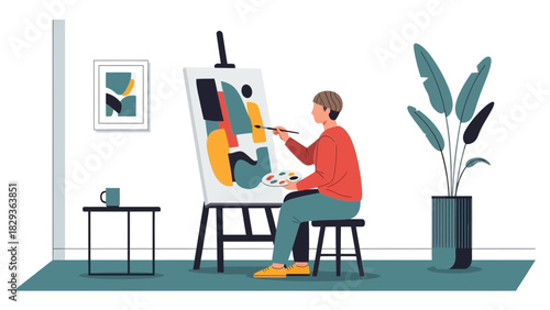 Creative artist painting vibrant abstract art on canvas in bright studio, expressing artistic passion and modern aesthetic with vector design elements
