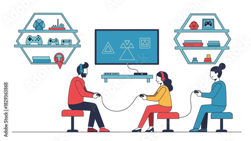 Friends enjoying video games together, modern lifestyle entertainment, family gaming at home, digital recreation, competitive fun, casual pastime activity