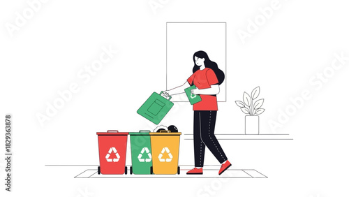 Stylish woman responsibly sorting waste at home, promoting eco-friendly lifestyle and sustainability for a healthier planet, originally a scalable vector graphic