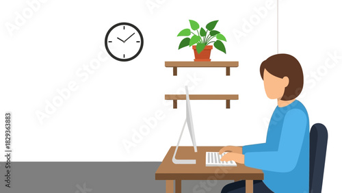 Productive remote work from home with woman at computer, balanced lifestyle with plant and time management, ideal for work life balance themes