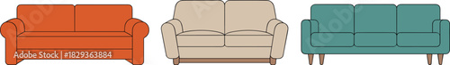 Vector Illustration Set of Three Modern Sofa and Couch Styles Featuring Clean Lines, Mid-Century Legs, and Simple Living Room Furniture Design.