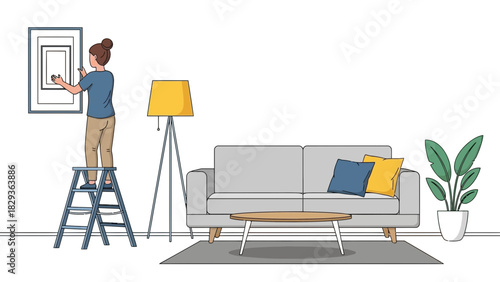 Stylish living room makeover: Woman hangs art, enhancing home decor with modern furniture and vibrant accents, creating a cozy interior design concept