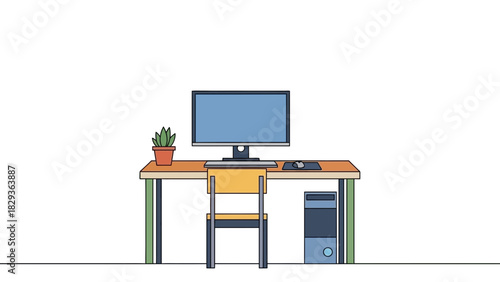 Modern workspace setup with computer, desk, chair, and plant for focused productivity, offering a clean, minimalist aesthetic, perfect for remote work visuals