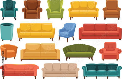 Mega Colorful Living Room Furniture Vector Set Featuring Diverse Sofas, Armchairs, Lounges, and Wingback Chairs for Interior Design and Home Decor Illustration.