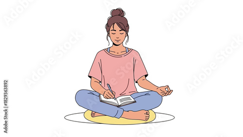 Serene woman journaling during meditation, finding clarity and peace of mind, perfect for wellness blogs and mindfulness programs, originally a vector graphic