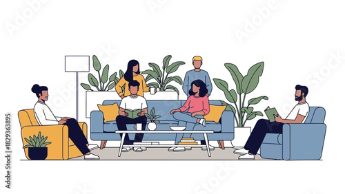 Diverse group enjoying relaxed gathering, reading, conversing in modern living room, fostering connection and community in comfortable, stylish space