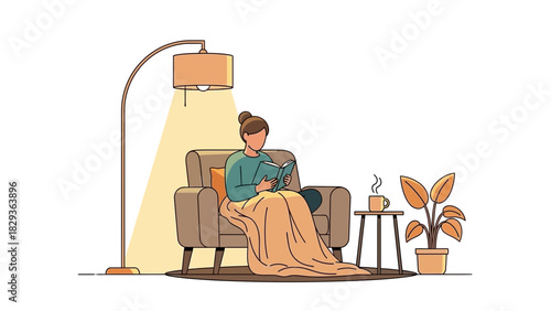 Cozy reading nook scene with woman enjoying a book, blanket, coffee, and plant under a warm lamp in her home for a relaxing afternoon