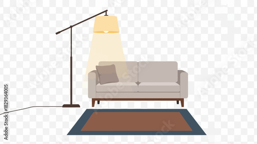 Stylish living room scene with modern floor lamp illuminating a comfortable sofa and rug creates a cozy interior design concept for home decor