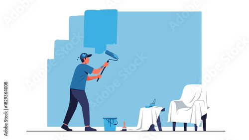 Man painting wall with roller at home, DIY home improvement project, interior design, home makeover, renovating, vector illustration, handyman service