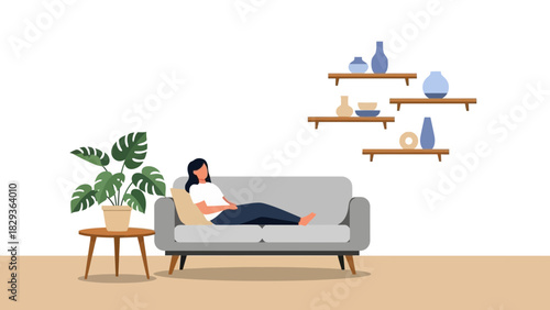 Relaxing at home on the sofa, a woman enjoying her downtime in a cozy living room with a vibrant plant for a serene and inviting atmosphere, comfort
