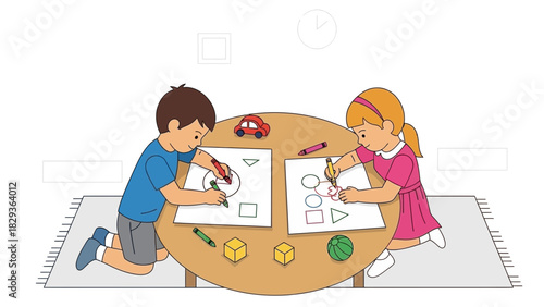 Kids joyfully drawing shapes together, fostering creativity and imagination in a bright, playful environment for early childhood learning experiences