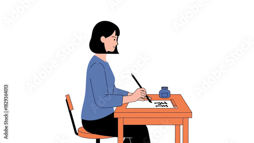 Woman practicing calligraphy at desk, expressing creativity and focus, ideal for educational or cultural themes, clean lines, modern design, tranquility and skill