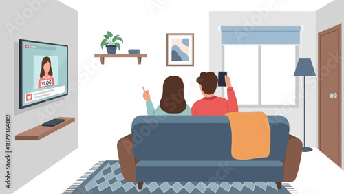 Couple relaxing watching a lifestyle vlog on TV from their cozy sofa together, enjoying a modern connected home and indoor lifestyle entertainment
