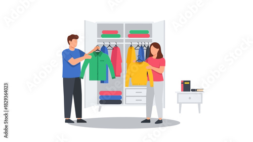 Couple organizing stylish wardrobe together, choosing outfits for the day, creating a tidy home space, sharing household tasks with love and teamwork