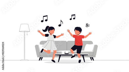 Joyful kids dancing and listening to music at home, celebrating childhood fun with modern design for cheerful lifestyle and family togetherness moments