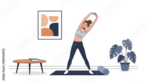 Find inner peace with this mindful yoga stretch, a modern illustration perfect for health, wellness, and fitness lifestyle content for digital projects