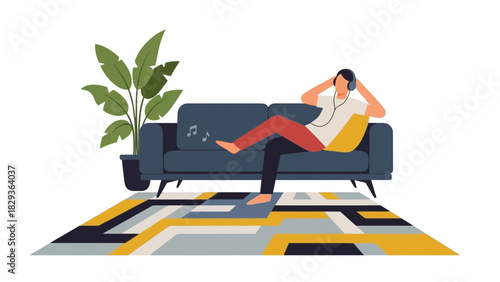 Relaxing vibes at home listening to music enjoying carefree downtime, perfect for promoting comfort, leisure, modern living, and the joy of simple pleasures