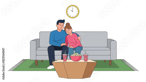 Cozy evening at home as a couple enjoys a movie with popcorn and drinks, a simple pleasure of togetherness, creating lasting memories, happy times