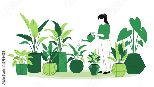 Woman waters lush houseplants, nurturing indoor garden for calm and wellness, promoting eco-friendly lifestyle with vibrant greenery in modern home decor