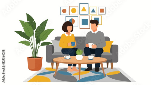 Couple enjoying a quiet coffee time at home, illustrating togetherness and relaxation, perfect for lifestyle, home decor and relationship concepts