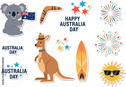 Australia Day Celebration Stickers with Koala, Kangaroo, Boomerang, Surfboard, Fireworks, and Sun